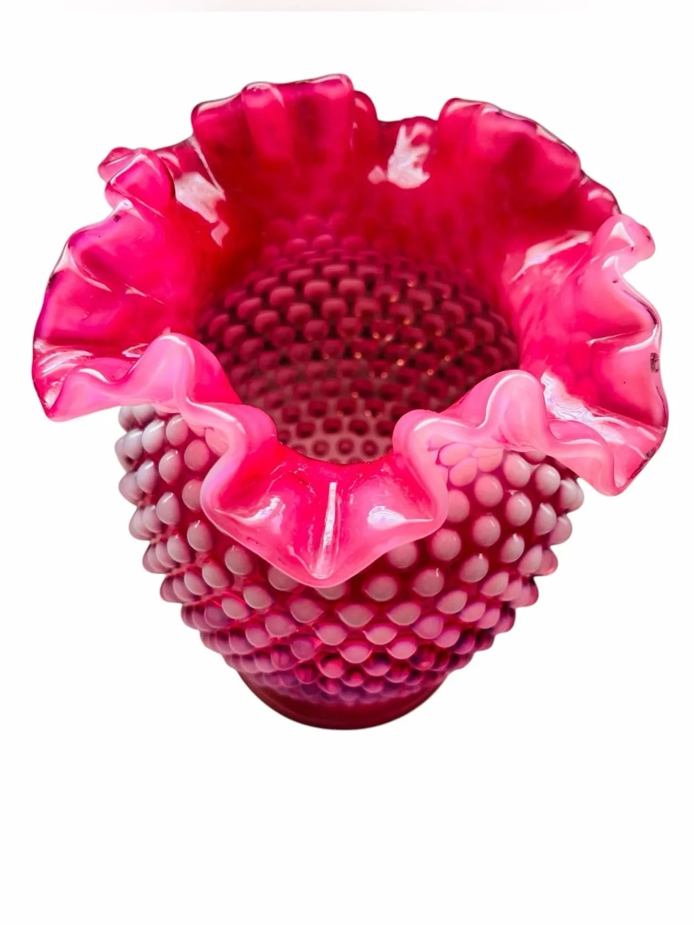 Vintage Fenton Cranberry Opalescent Glass Hobnail Crimped Vase